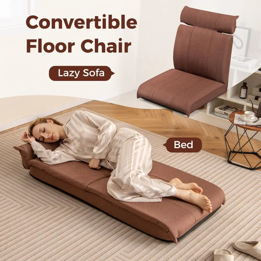 Folding Floor Chair with 14-Poistion Adjustable Backrest and 5-Position Adjustable Headrest-Brown - Brown - Floor Chairs