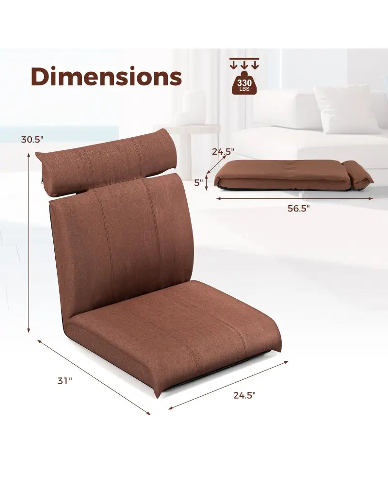 Folding Floor Chair with 14-Poistion Adjustable Backrest and 5-Position Adjustable Headrest-Brown - Brown - Floor Chairs