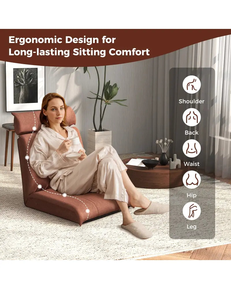 Folding Floor Chair with 14-Poistion Adjustable Backrest and 5-Position Adjustable Headrest-Brown - Brown - Floor Chairs