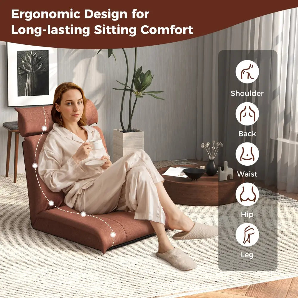 Folding Floor Chair with 14-Poistion Adjustable Backrest and 5-Position Adjustable Headrest-Brown - Brown - Floor Chairs