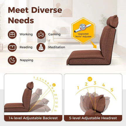 Folding Floor Chair with 14-Poistion Adjustable Backrest and 5-Position Adjustable Headrest-Brown - Brown - Floor Chairs