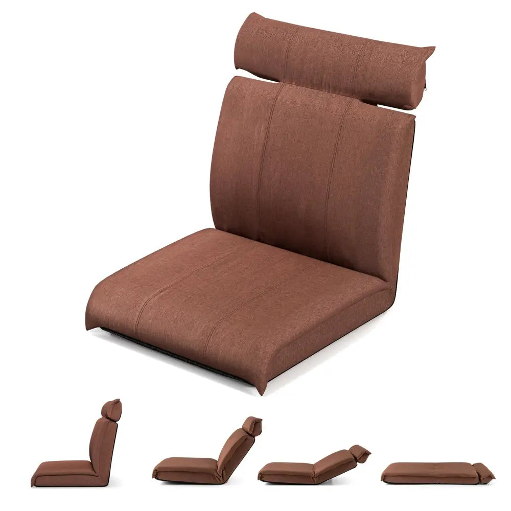 Folding Floor Chair with 14-Poistion Adjustable Backrest and 5-Position Adjustable Headrest-Brown - Brown - Floor Chairs