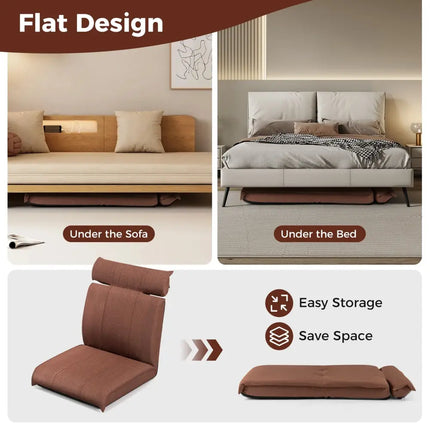 Folding Floor Chair with 14-Poistion Adjustable Backrest and 5-Position Adjustable Headrest-Brown - Brown - Floor Chairs