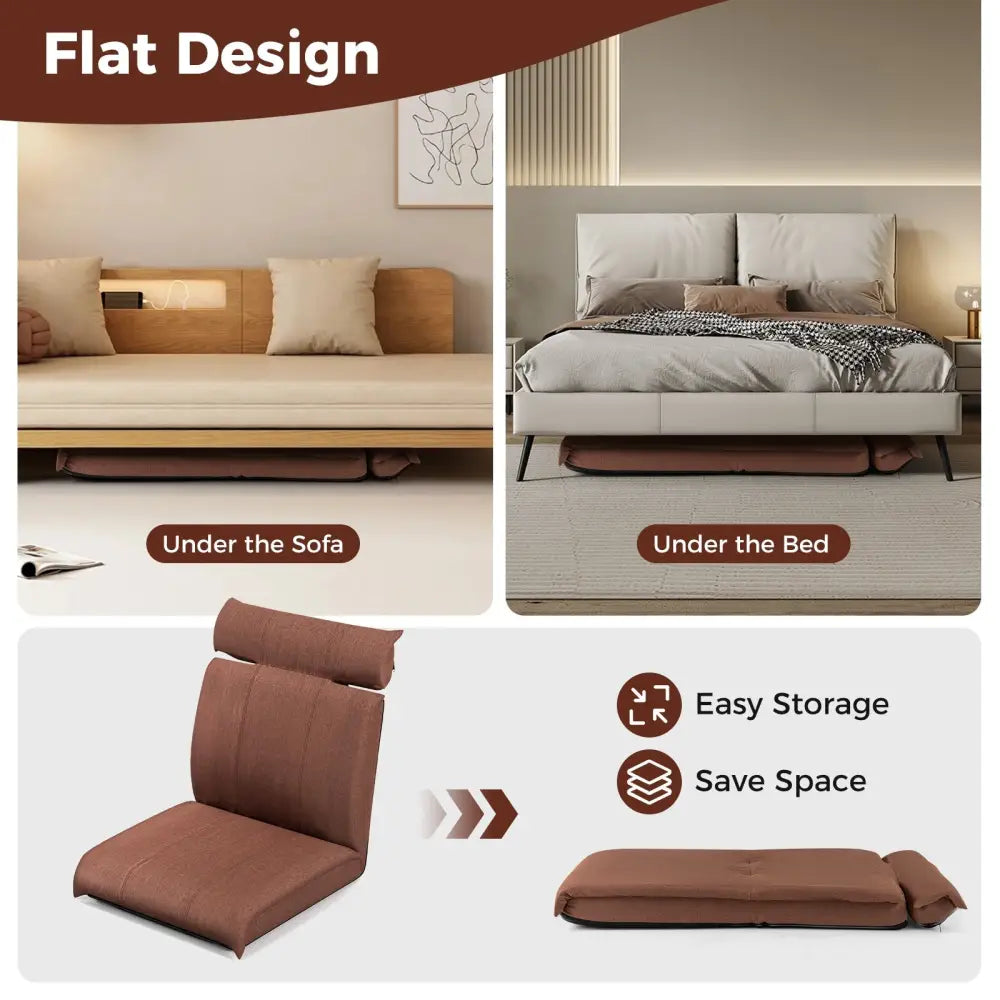 Folding Floor Chair with 14-Poistion Adjustable Backrest and 5-Position Adjustable Headrest-Brown - Brown - Floor Chairs