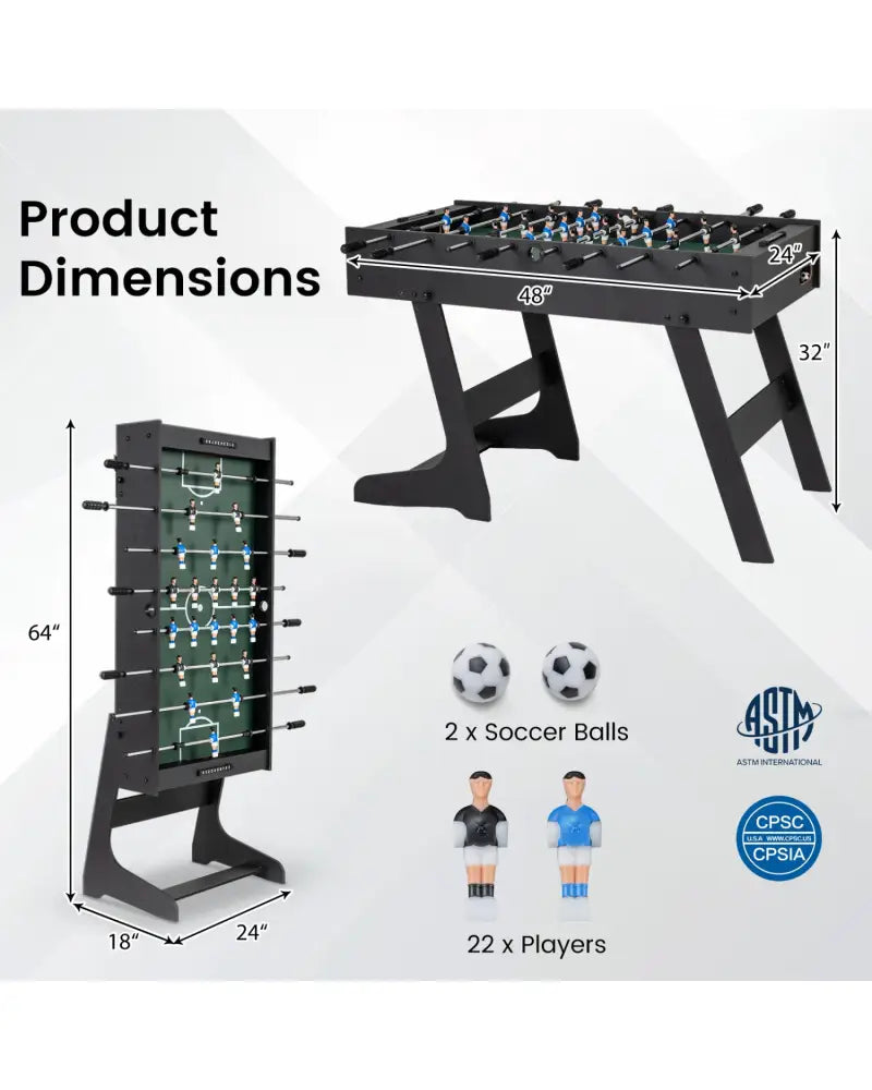 Folding Foosball Table 4ft x 2ft Competition-Sized Soccer Table with 2 Balls and Slide Scorers-Black - Black - Game Room
