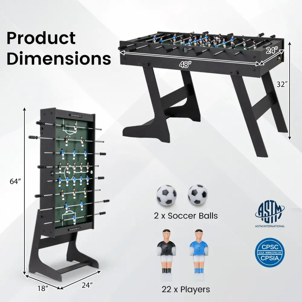 Folding Foosball Table 4ft x 2ft Competition-Sized Soccer Table with 2 Balls and Slide Scorers-Black - Black - Game Room