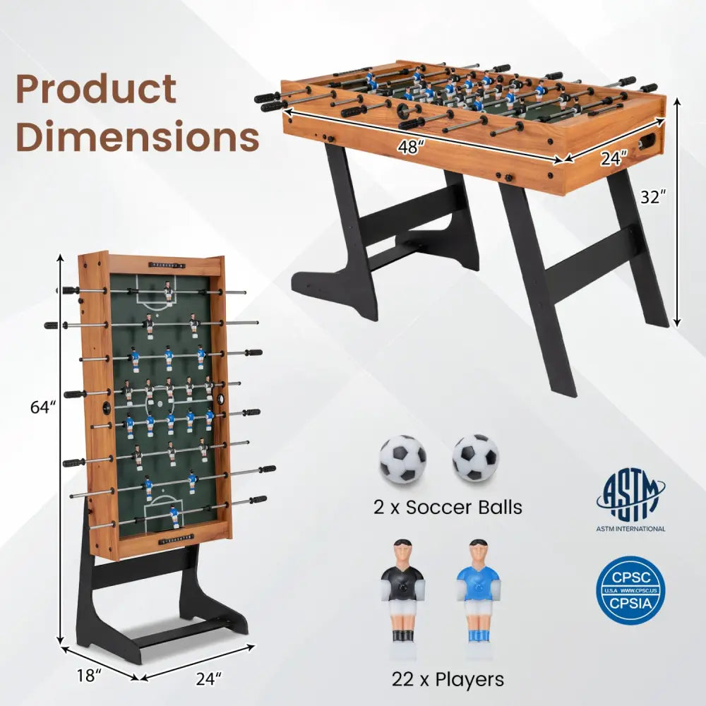 Folding Foosball Table 4ft x 2ft Competition-Sized Soccer Table with 2 Balls and Slide Scorers-Natural - Natural - Game