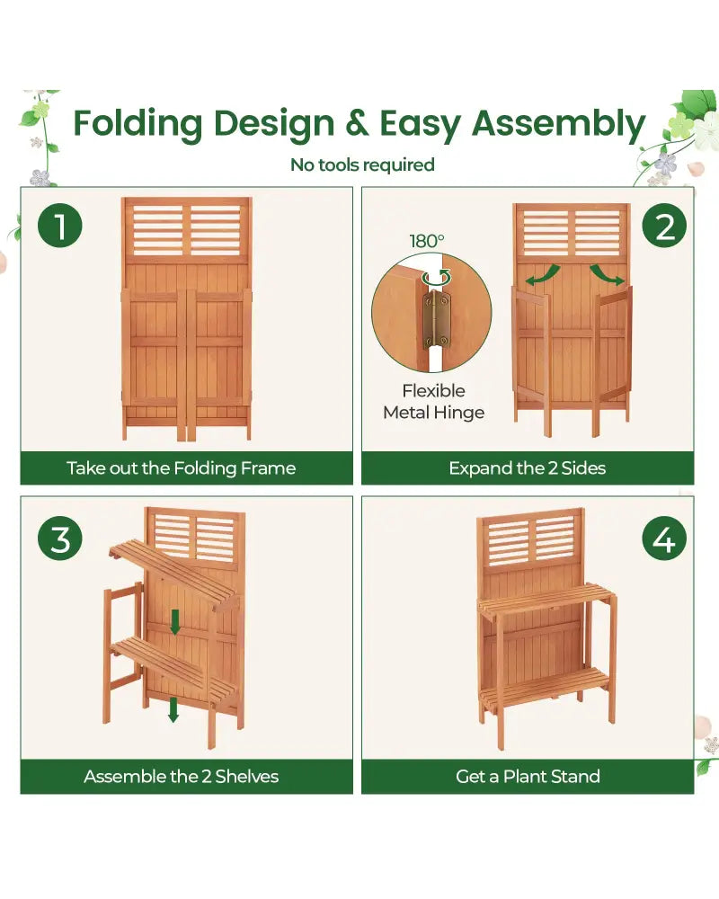 Folding Garden Potting Bench with 2-tier Storage Shelves and Teak Oil Finish for Garden Yard Balcony - Natural