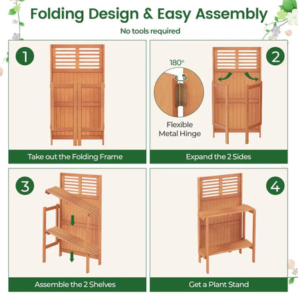 Folding Garden Potting Bench with 2-tier Storage Shelves and Teak Oil Finish for Garden Yard Balcony - Natural