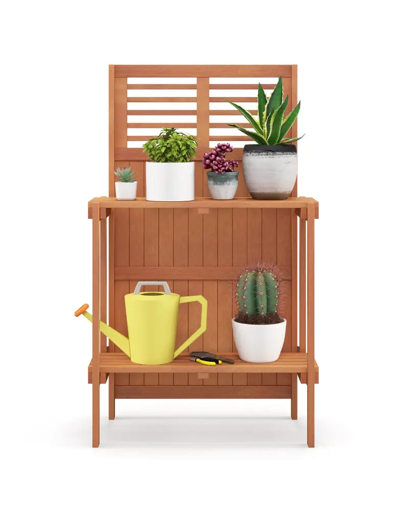 Folding Garden Potting Bench with 2-tier Storage Shelves and Teak Oil Finish for Garden Yard Balcony - Natural