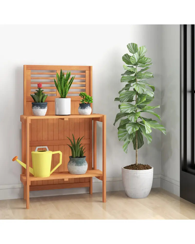 Folding Garden Potting Bench with 2-tier Storage Shelves and Teak Oil Finish for Garden Yard Balcony - Natural