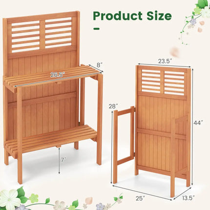 Folding Garden Potting Bench with 2-tier Storage Shelves and Teak Oil Finish for Garden Yard Balcony - Natural