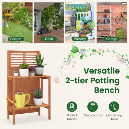 Folding Garden Potting Bench with 2-tier Storage Shelves and Teak Oil Finish for Garden Yard Balcony - Natural