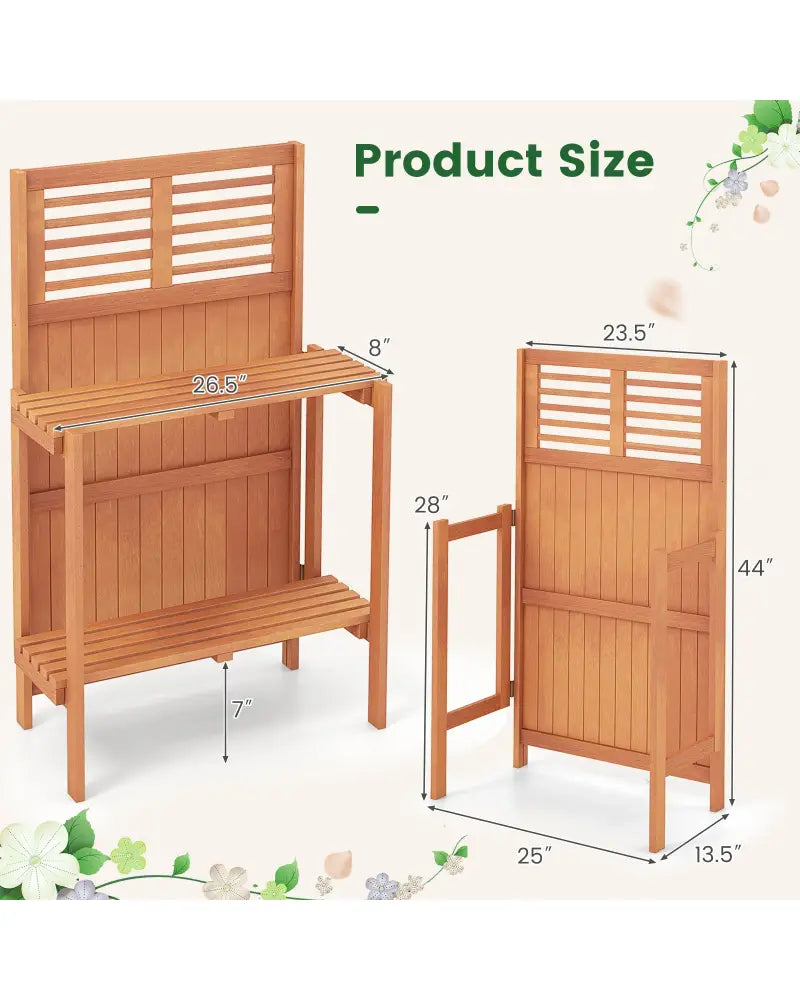 Folding Garden Potting Bench with 2-tier Storage Shelves and Teak Oil Finish for Garden Yard Balcony - Natural