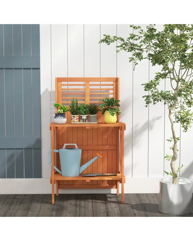 Folding Garden Potting Bench with 2-tier Storage Shelves and Teak Oil Finish for Garden Yard Balcony - Natural
