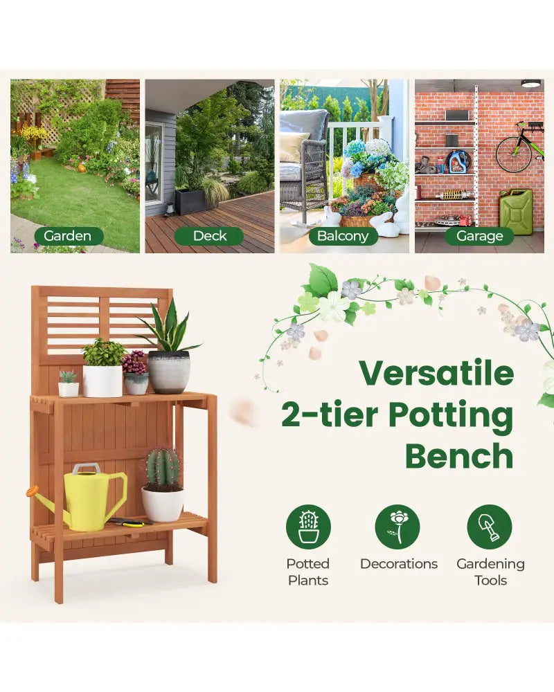 Folding Garden Potting Bench with 2-tier Storage Shelves and Teak Oil Finish for Garden Yard Balcony - Natural