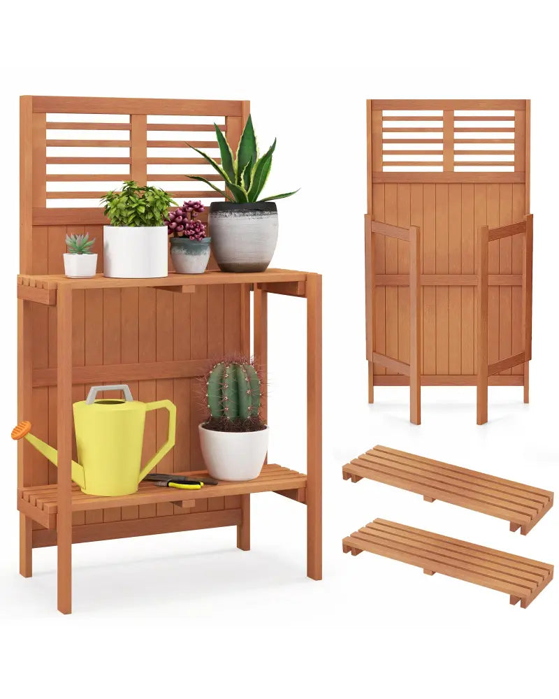 Folding Garden Potting Bench with 2-tier Storage Shelves and Teak Oil Finish for Garden Yard Balcony - Natural
