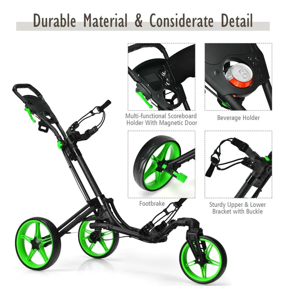 Folding Golf Push Cart with Scoreboard Adjustable Handle Swivel Wheel-Green - Green - Golf