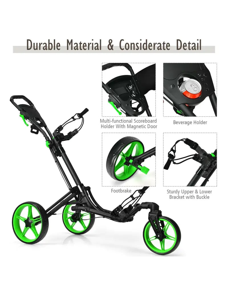 Folding Golf Push Cart with Scoreboard Adjustable Handle Swivel Wheel-Green - Green - Golf