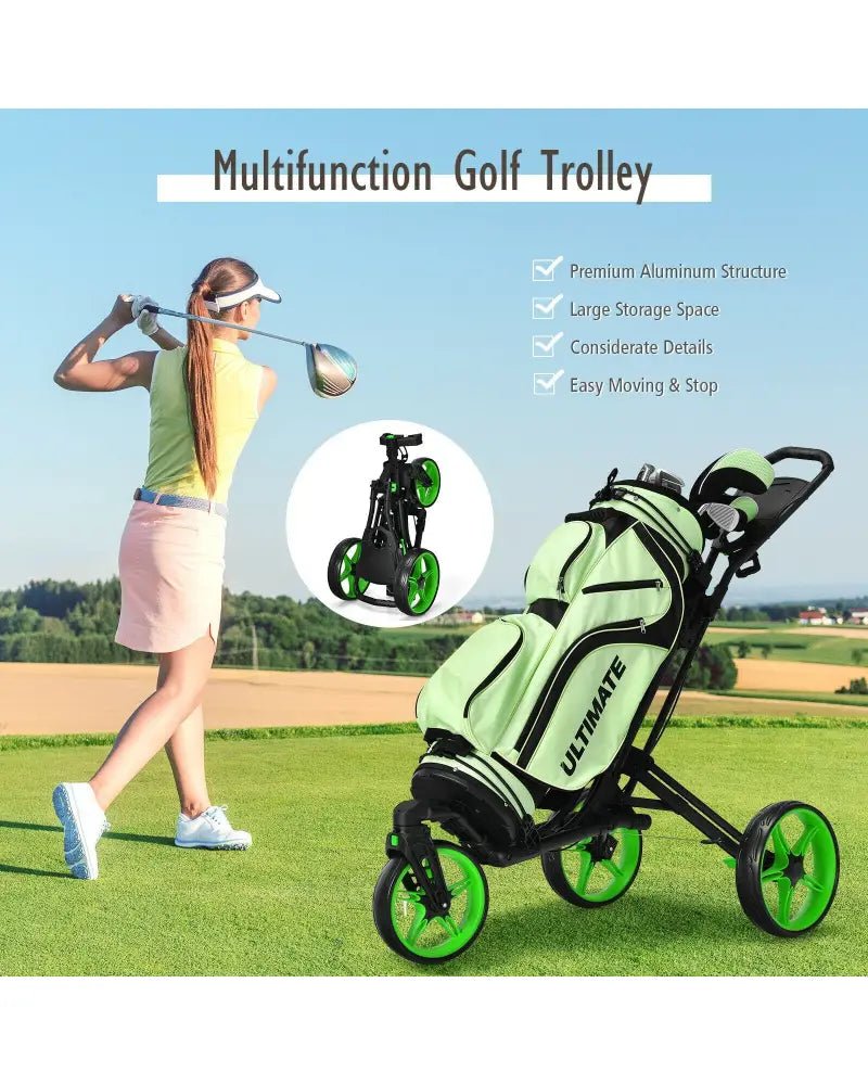 Folding Golf Push Cart with Scoreboard Adjustable Handle Swivel Wheel-Green - Green - Golf