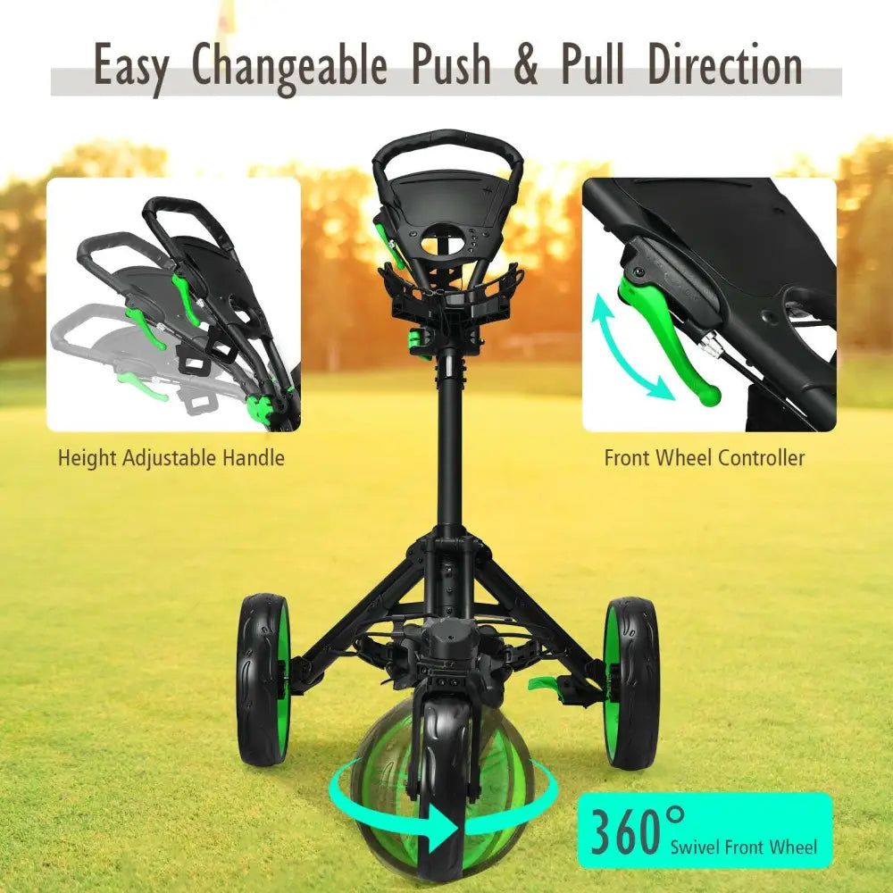 Folding Golf Push Cart with Scoreboard Adjustable Handle Swivel Wheel-Green - Green - Golf