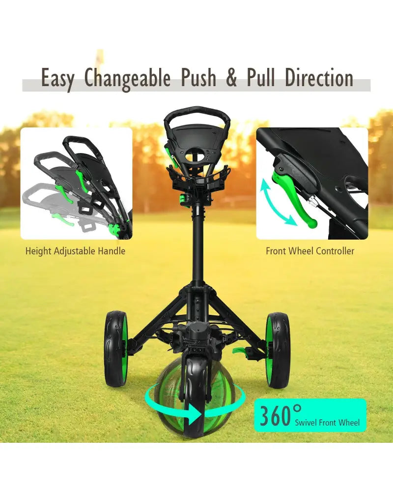 Folding Golf Push Cart with Scoreboard Adjustable Handle Swivel Wheel-Green - Green - Golf