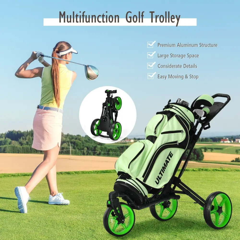 Folding Golf Push Cart with Scoreboard Adjustable Handle Swivel Wheel-Green - Green - Golf
