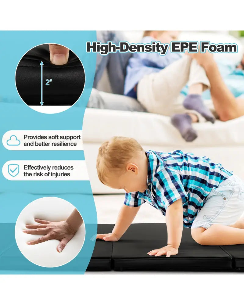 Folding Gymnastics Mat with Carry Handles and Sweatproof Detachable PU Leather Cover-Black - Black - Yoga & Gym Mats