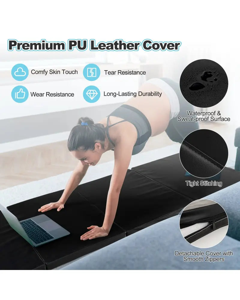 Folding Gymnastics Mat with Carry Handles and Sweatproof Detachable PU Leather Cover-Black - Black - Yoga & Gym Mats
