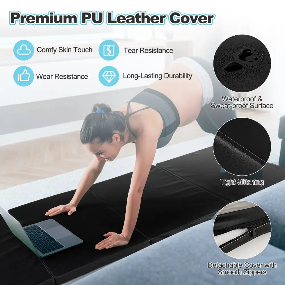 Folding Gymnastics Mat with Carry Handles and Sweatproof Detachable PU Leather Cover-Black - Black - Yoga & Gym Mats