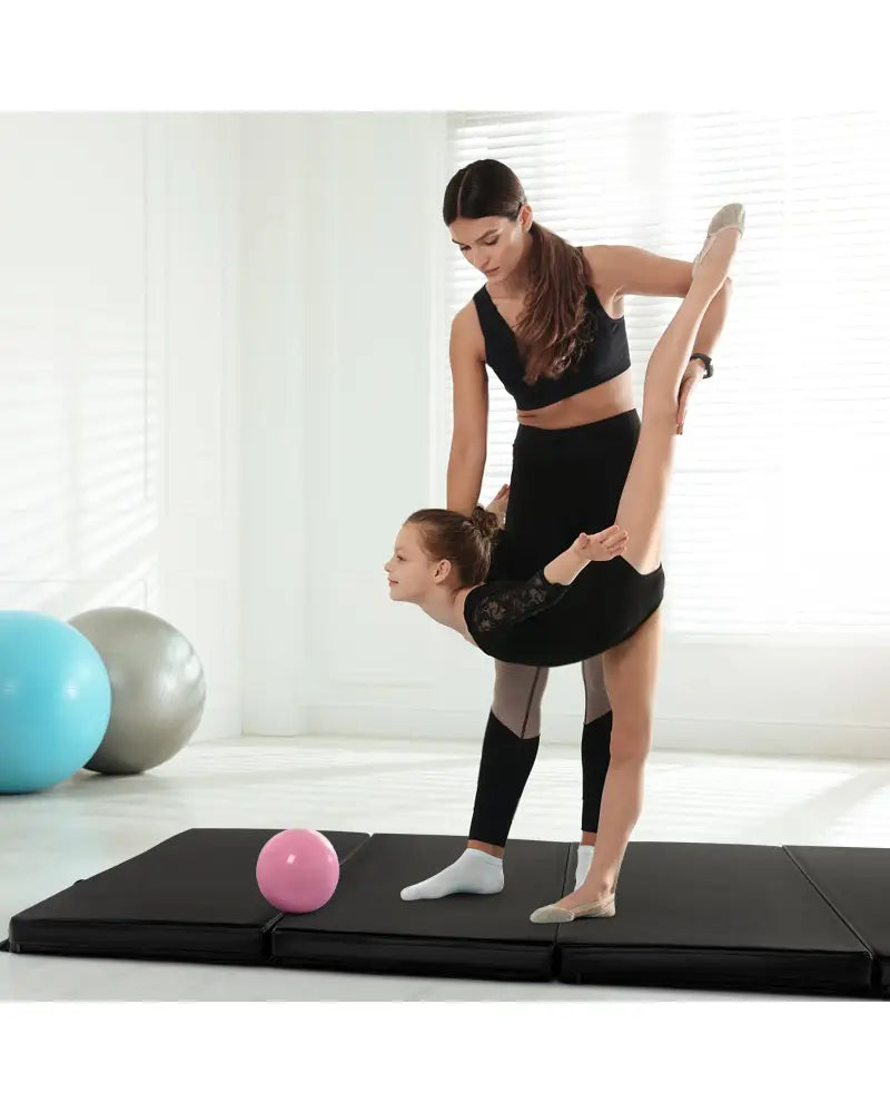 Folding Gymnastics Mat with Carry Handles and Sweatproof Detachable PU Leather Cover-Black - Black - Yoga & Gym Mats