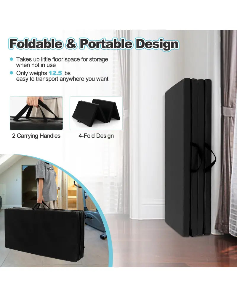 Folding Gymnastics Mat with Carry Handles and Sweatproof Detachable PU Leather Cover-Black - Black - Yoga & Gym Mats