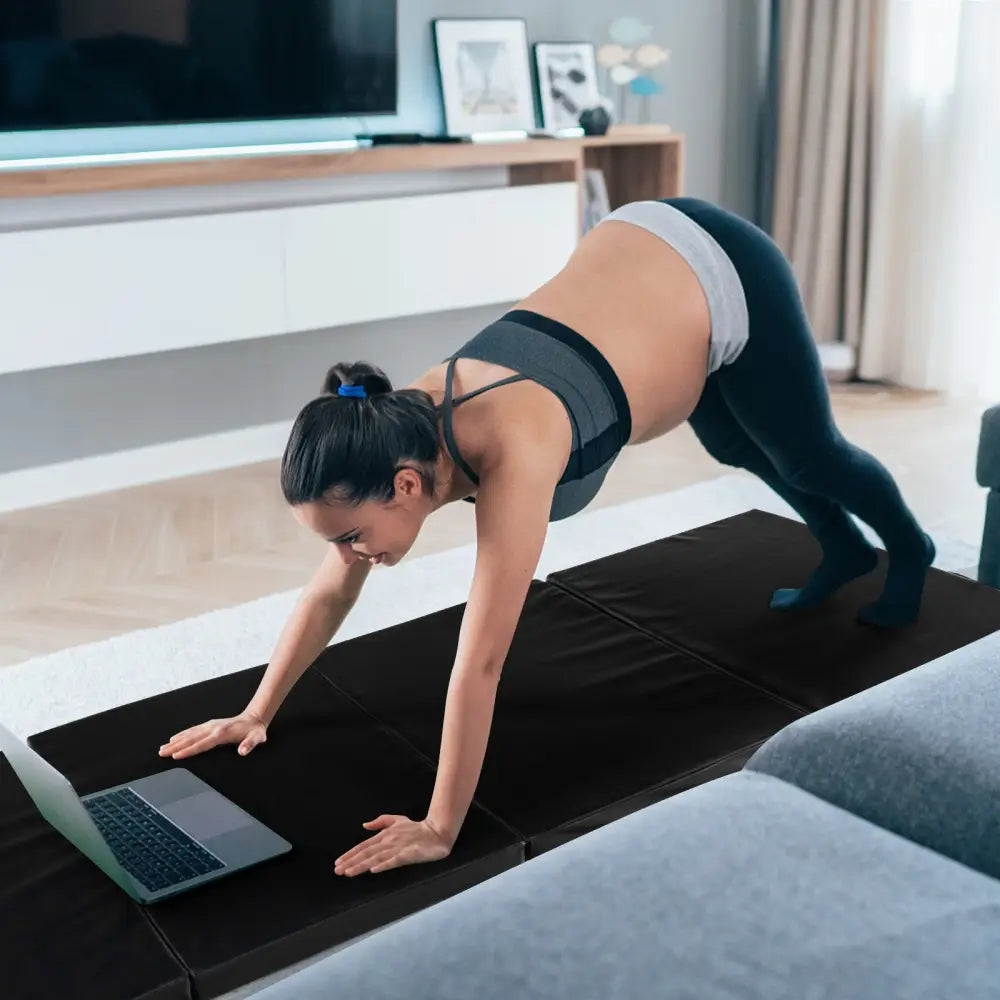 Folding Gymnastics Mat with Carry Handles and Sweatproof Detachable PU Leather Cover-Black - Black - Yoga & Gym Mats