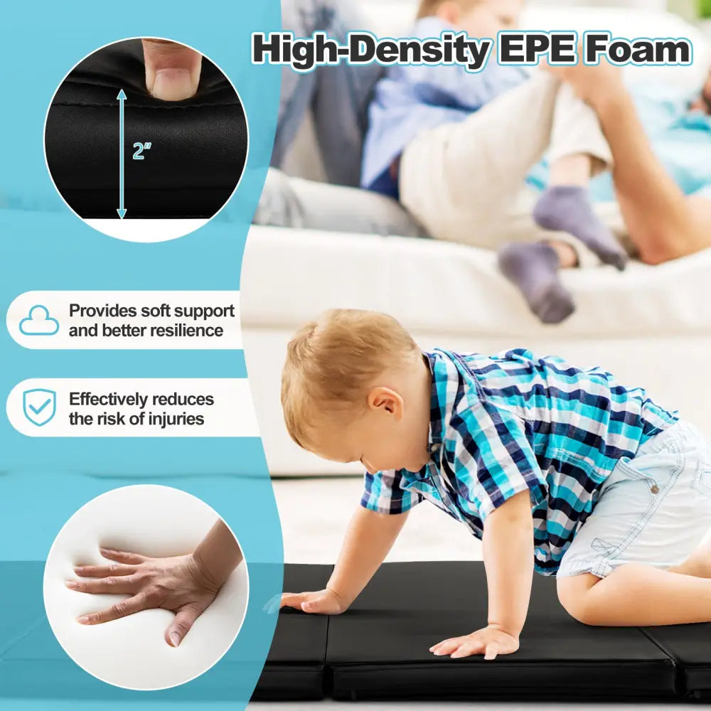 Folding Gymnastics Mat with Carry Handles and Sweatproof Detachable PU Leather Cover-Black - Black - Yoga & Gym Mats