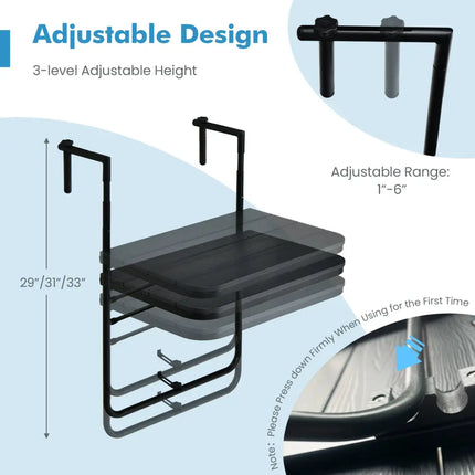 Folding Hanging Table with 3-Level Adjustable Height for Patio Balcony-Black - Black - Patio Tables