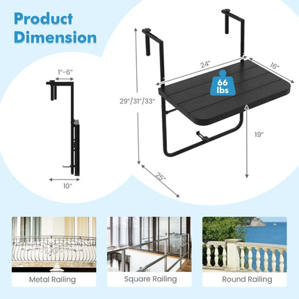 Folding Hanging Table with 3-Level Adjustable Height for Patio Balcony-Black - Black - Patio Tables
