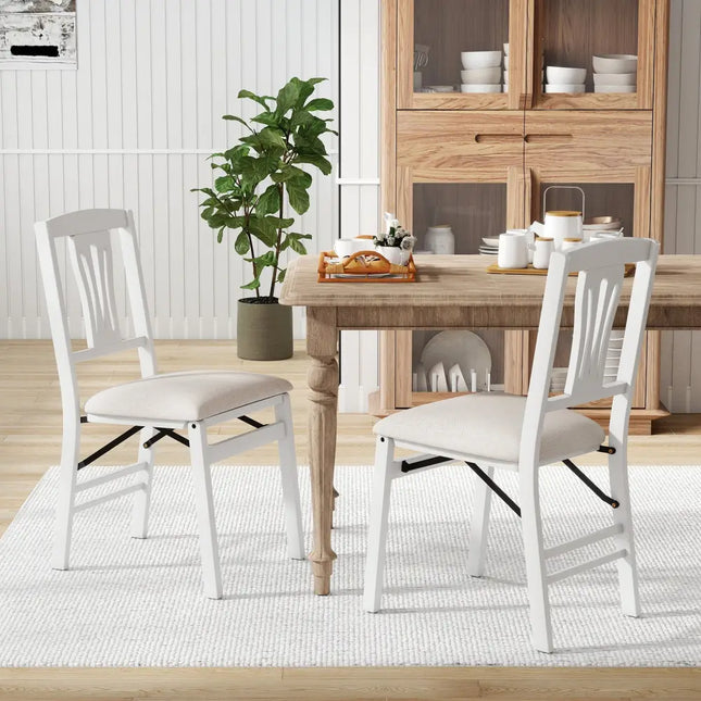 Folding Kitchen Chairs Set of 2 Upholstered Dining Chairs with Comfy Padded Seats-White - White - Dining Chairs