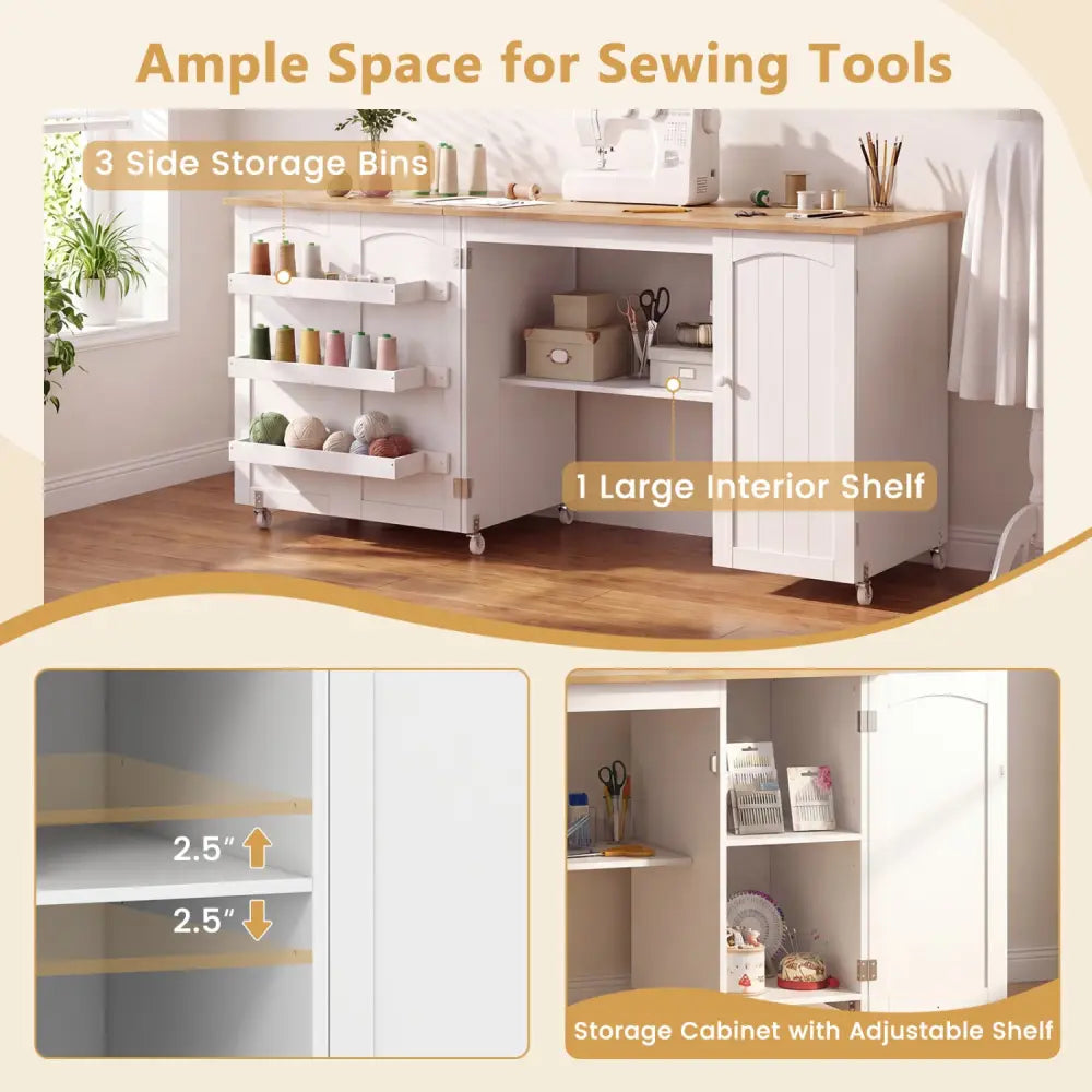 Folding Large Sewing Table Storage Shelves and Lockable Casters-Beige - Beige - Sewing Tables
