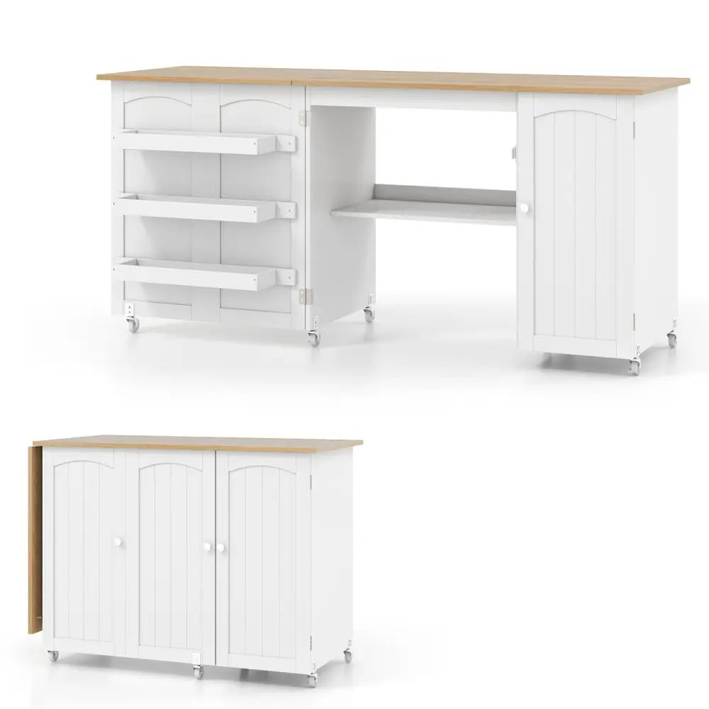 Folding Large Sewing Table Storage Shelves and Lockable Casters-Beige - Beige - Sewing Tables