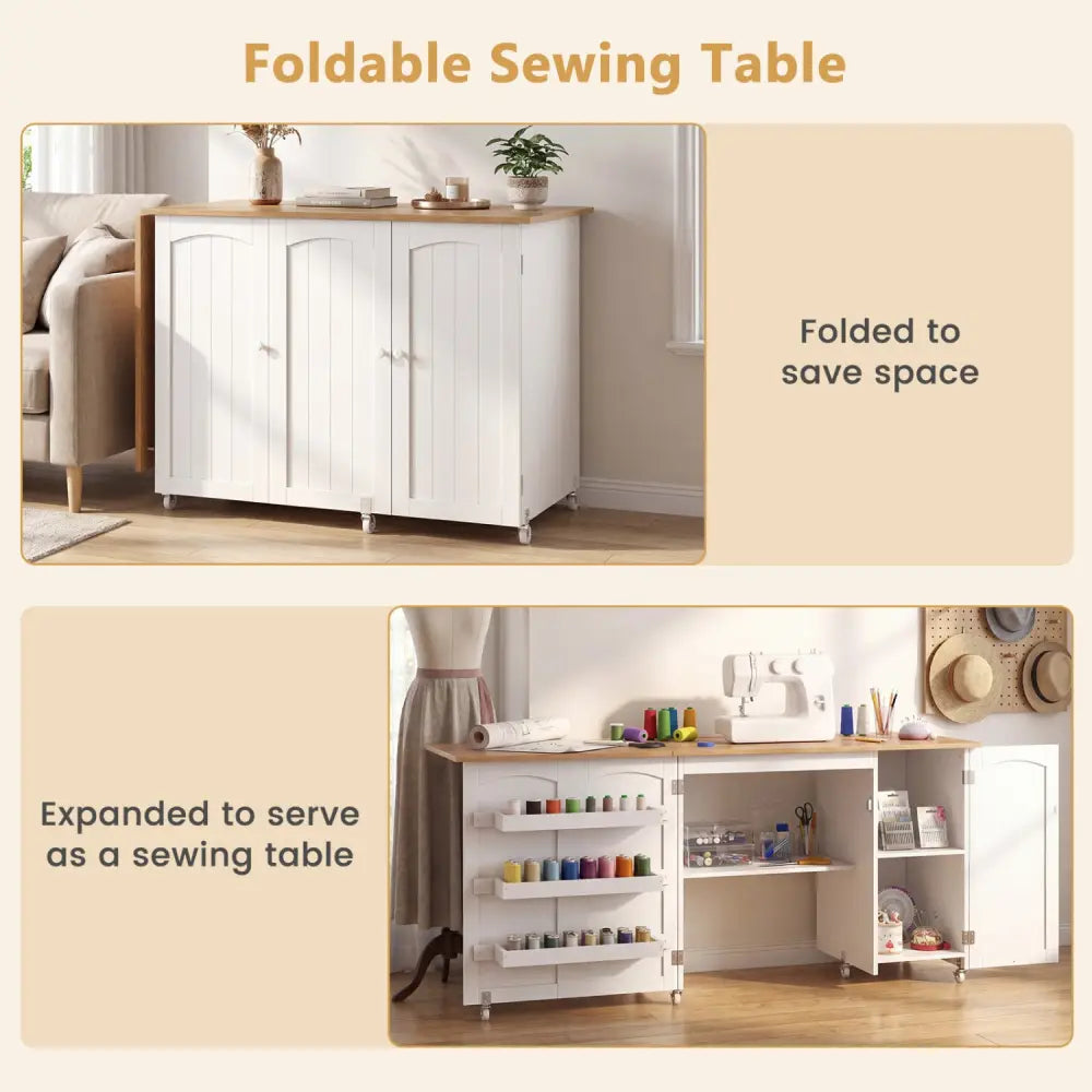 Folding Large Sewing Table Storage Shelves and Lockable Casters-Beige - Beige - Sewing Tables