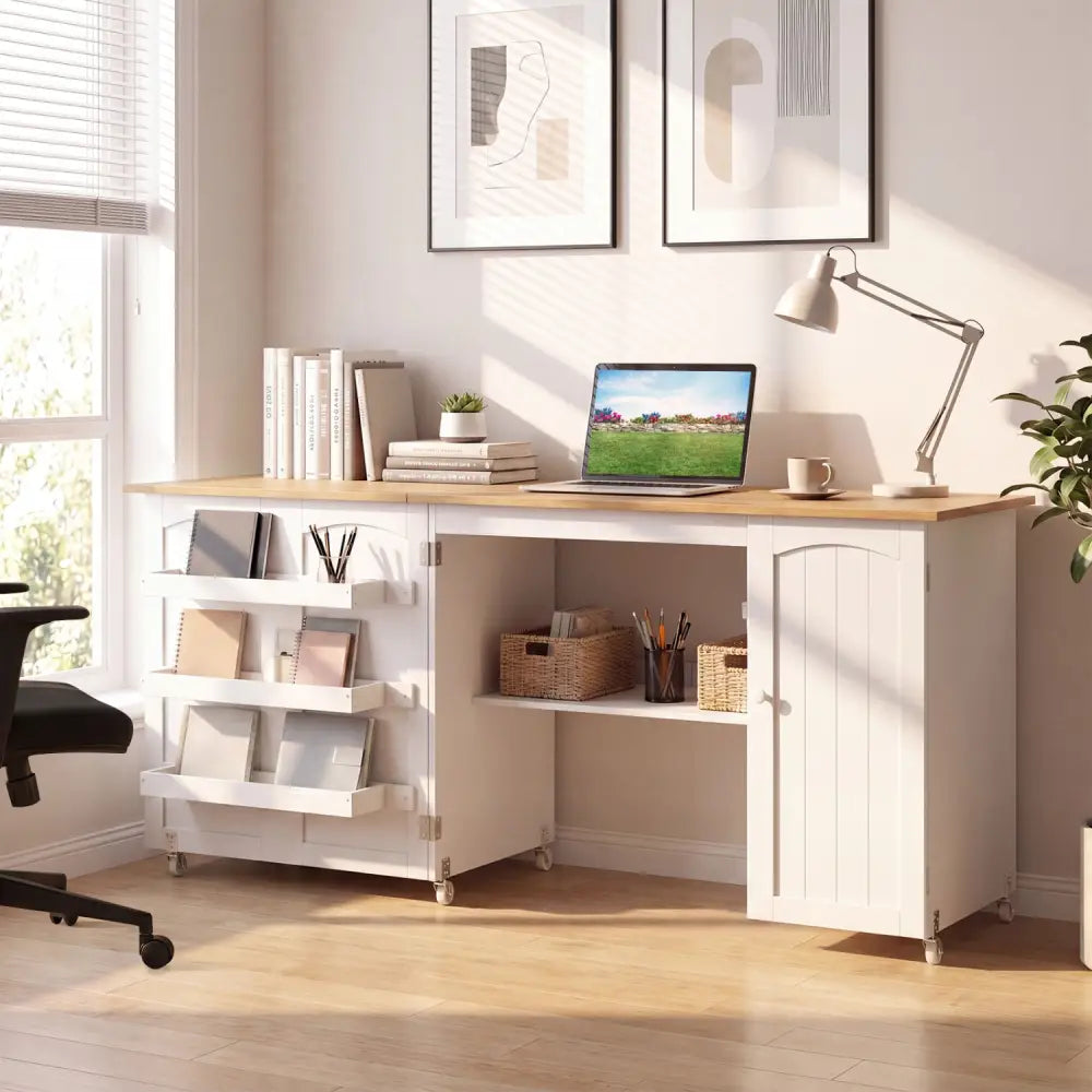 Folding Large Sewing Table Storage Shelves and Lockable Casters-Beige - Beige - Sewing Tables
