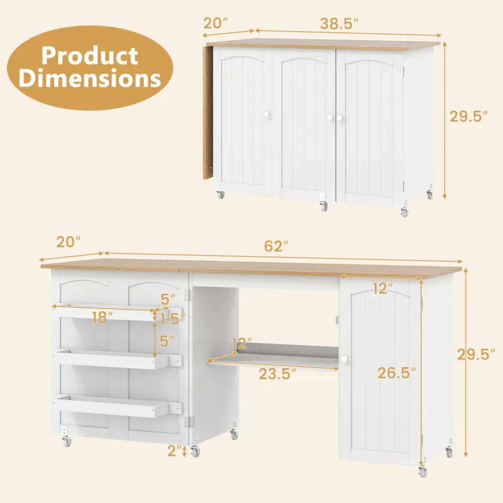 Folding Large Sewing Table Storage Shelves and Lockable Casters-Beige - Beige - Sewing Tables