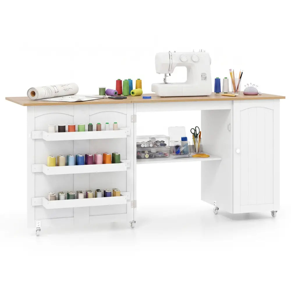 Folding Large Sewing Table Storage Shelves and Lockable Casters-Beige - Beige - Sewing Tables