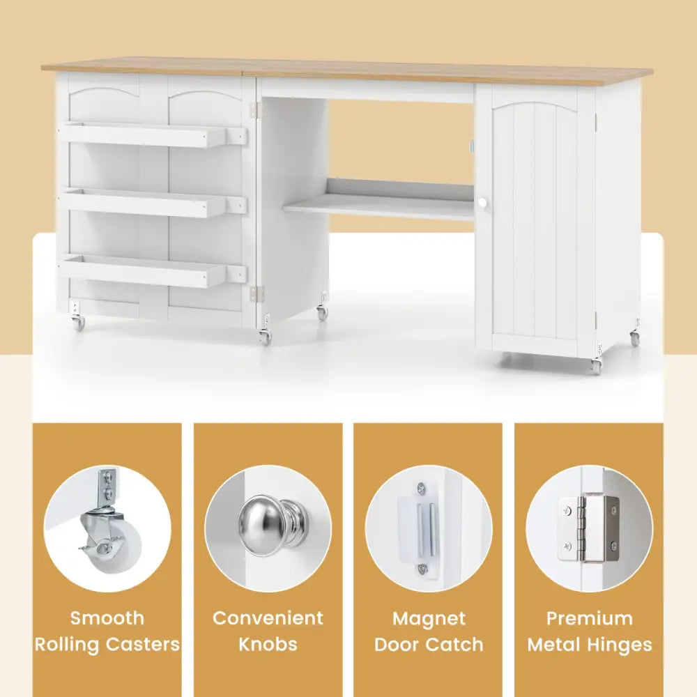 Folding Large Sewing Table Storage Shelves and Lockable Casters-Beige - Beige - Sewing Tables