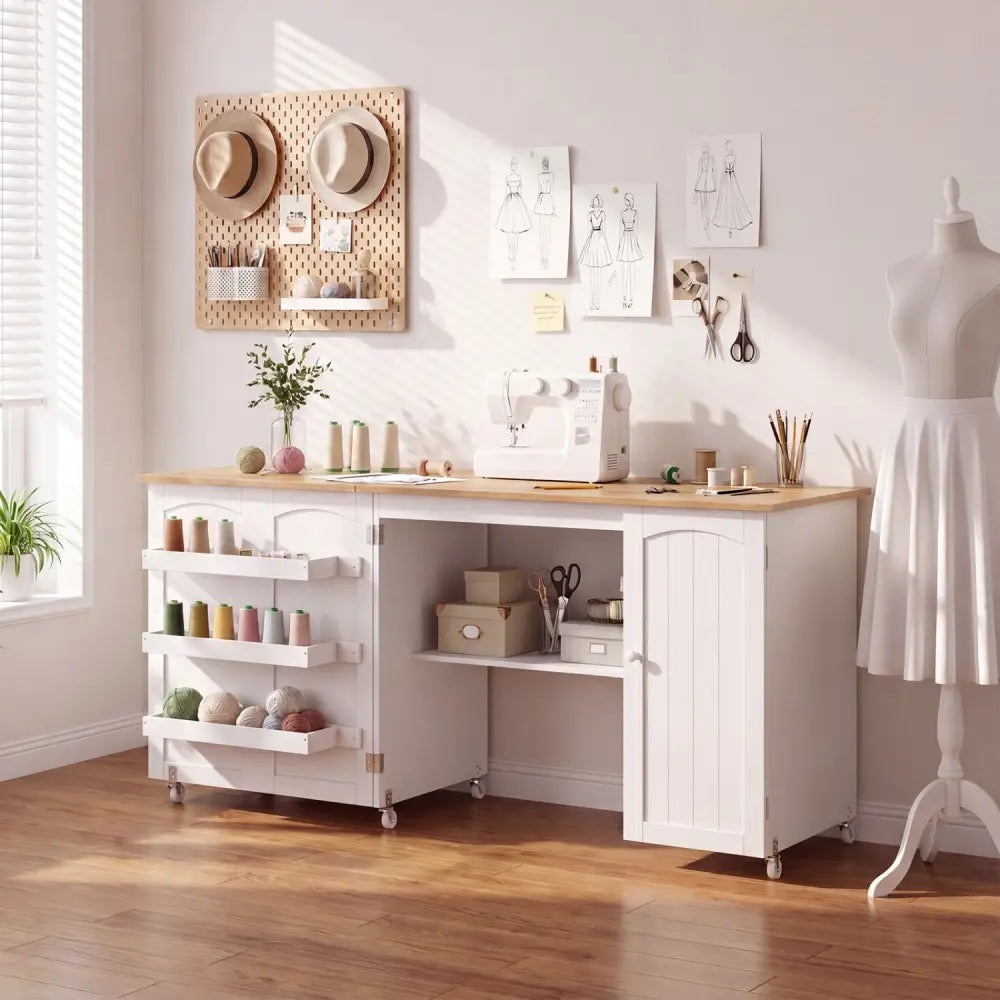 Folding Large Sewing Table Storage Shelves and Lockable Casters-Beige - Beige - Sewing Tables