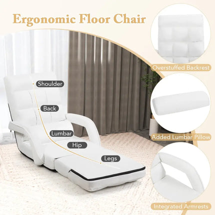 Folding Lazy Floor Chair Sofa with 6 Adjustable Position-White - White - Floor Chairs