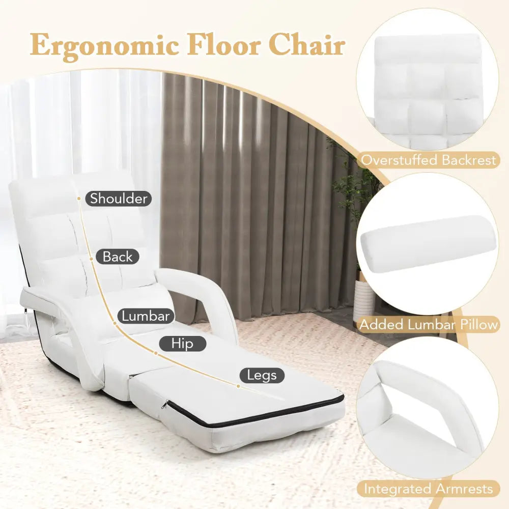 Folding Lazy Floor Chair Sofa with 6 Adjustable Position-White - White - Floor Chairs