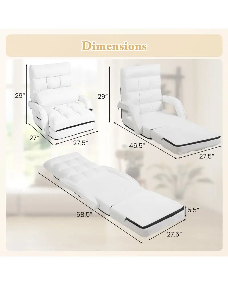 Folding Lazy Floor Chair Sofa with 6 Adjustable Position-White - White - Floor Chairs