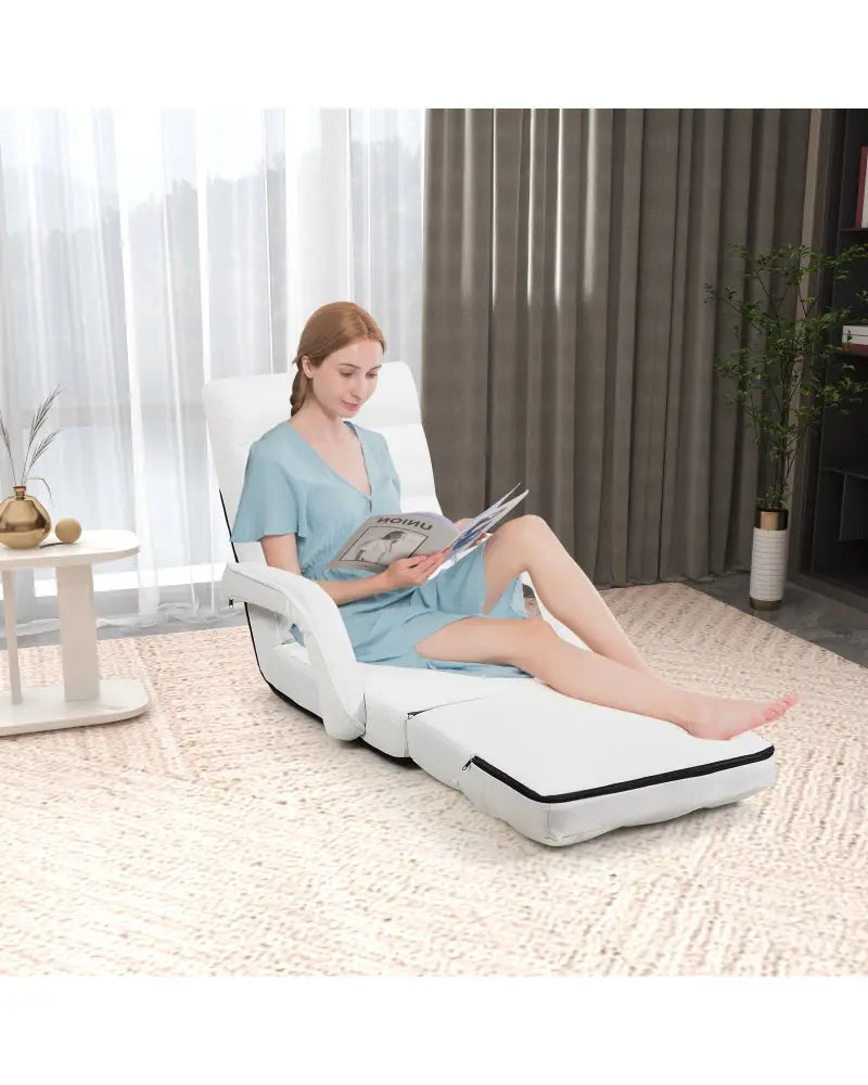 Folding Lazy Floor Chair Sofa with 6 Adjustable Position-White - White - Floor Chairs