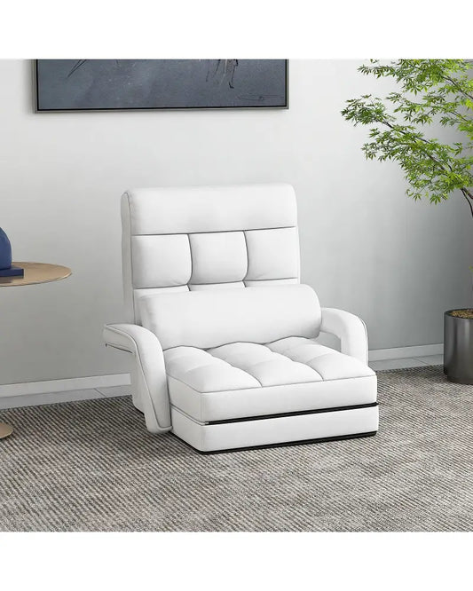 Folding Lazy Floor Chair Sofa with 6 Adjustable Position-White - White - Floor Chairs